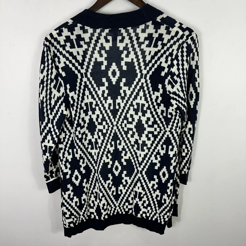 Talbots Cardigan Sweater Medium Blue‎ White Linen Cotton Geometric Ikat Knit